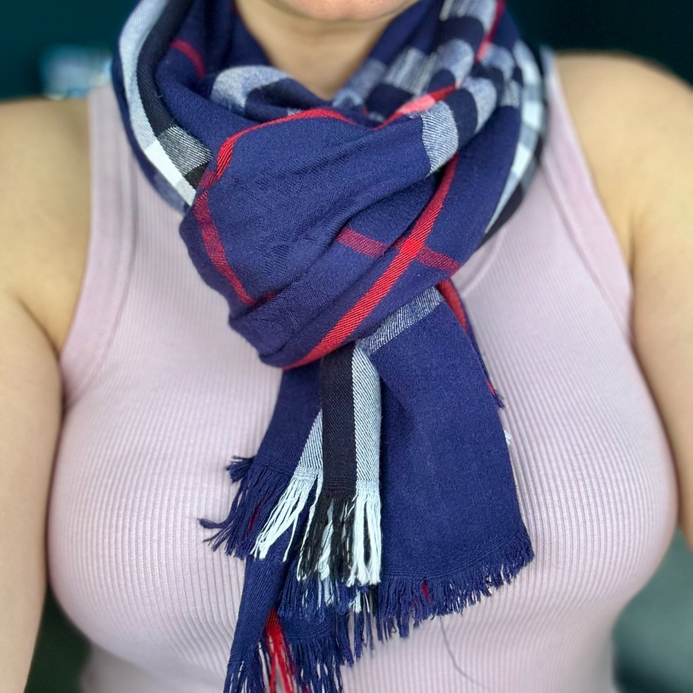 Burberry Cashmere Blue and Red Checkered Scarf